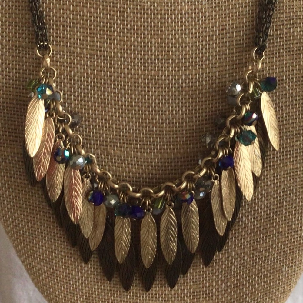 The Limited Gold, Brass Leaf Necklace, Blue, Green Beads